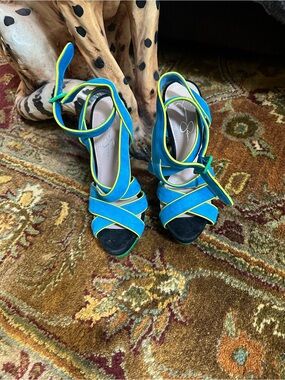 Jessica Simpson Teal and Lime Strappy Ankle-Tie Heels
